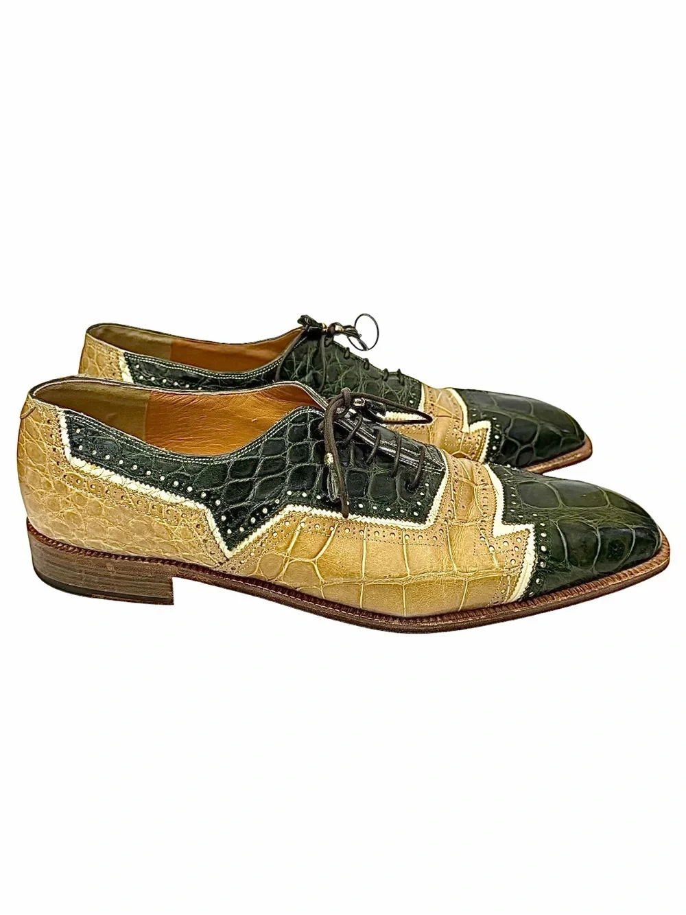 Mauri Crocodile Spectator Dress Exotic Brogue Green Tan Size 16 Made In Italy